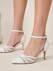 CUCCOO CHICEST Women's White Mesh Leather Stitched Back Empty High Heels, Pointed Ankle Strap Stiletto Commuter Shoes - White - View 4