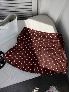 Comfortcana 夏季波點抓褶A字迷你裙 - 棕色 - 查看 5