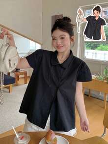 Dazy Plus 韓系時尚波點滿版印花 Polo 衫 短袖黑色大尺碼女款春夏 T-shirt - 藏蓝色 - 查看 1