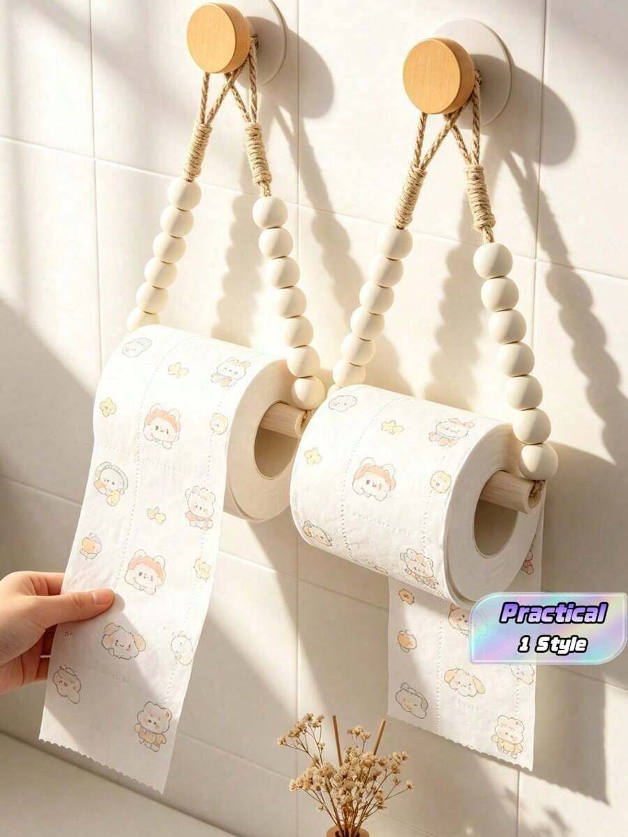 1/2pcs No-Drill Wall-Mounted Rope Toilet Paper Holder, Kitchen Wall-Mounted Paper Towel Rack With Hook, Modern Home Fashion Bathroom Accessory, Woven Toilet Paper Holder, Bohemian Style Rope, Hanging Paper Towel Roll, Vintage Natural Unique Bathroom - Brown - View 1