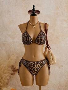 Swim Vcay Plus Size Women's Summer Beach Leopard Print Halter Tie Sexy Bikini And Triangle Bottom Two-Piece Swimsuit Set - Coffee Brown - View 5
