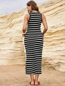 SHEIN Women's Maternity Vacation Striped Colorblock Round Neck Side Slit Dress - Black - View 5