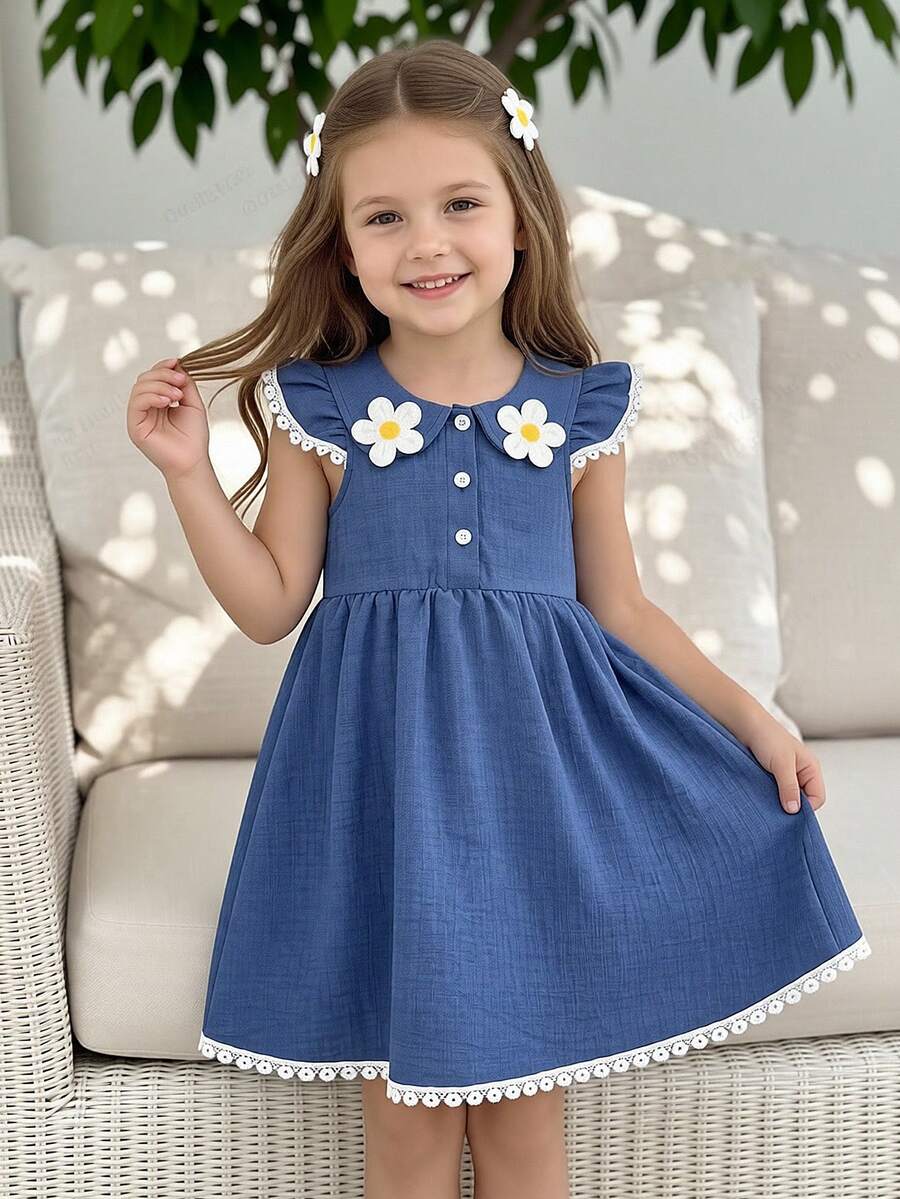 Elladie kids 年轻女孩花卉装饰褶皱休闲度假连衣裙