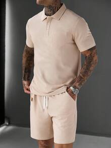 Manfinity CasualCool 男士百搭口袋貼布半門襟短袖 Polo 衫與牛仔抽繩腰口袋短褲套裝 - 杏色 - 查看 5