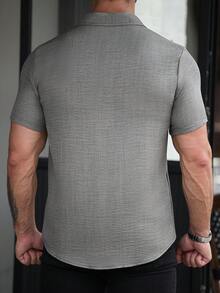 Manfinity CasualCool Men's Textured Fashion Holiday Single-Breasted Short Sleeve Shirt - Army Green - View 2