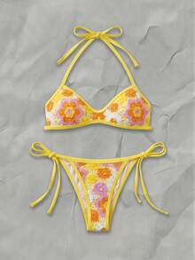 Swim MOD 2件套彩色花卉纹理挂脖抹胸比基尼上衣和侧系带泳裤性感女士泳装套装，春夏款 - 彩色 - 查看 3