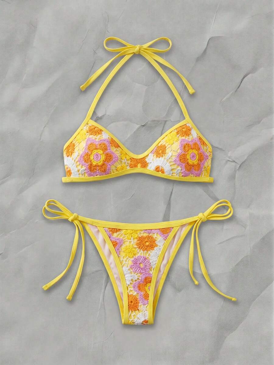 Swim MOD 2pcs/Set Colorful Floral Textured Halter Bandeau Bikini Top And Side Tie Bottoms Sexy Women Swimwear Set, Spring/Summer - Multicolor - View 1