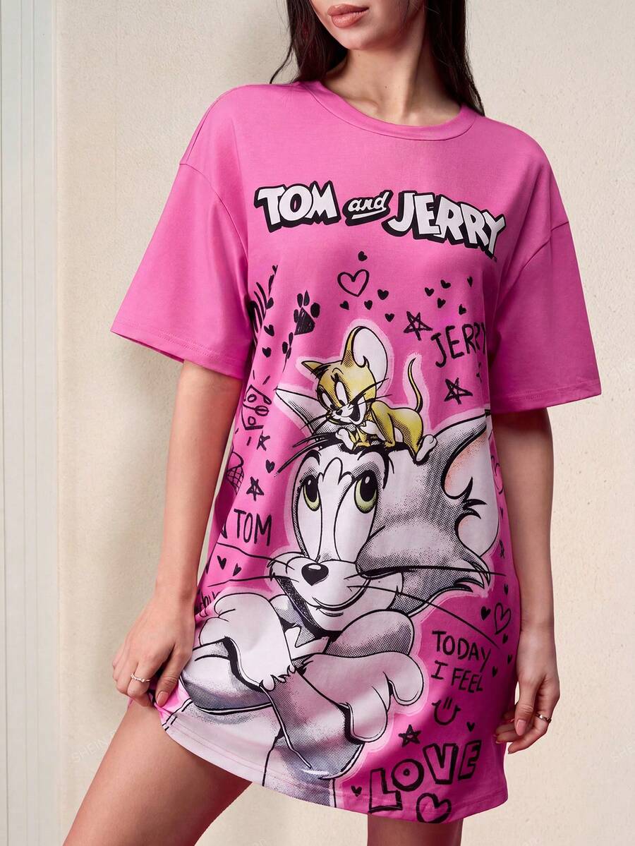 TOM & JERRY X SHEIN 女圆领宽松粉色卡通图案潮流酷炫日常休闲可爱短款T恤连衣裙情人节春夏 - 粉色 - 查看 1