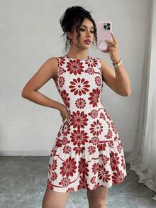 SHEIN Elenzya Bohemian Romantic Women's French Elegant Woven Floral Print Round Neck Sleeveless Waist-Cinching Mini Dress, Holiday Summer Garden Party Brunch White - Red - View 6