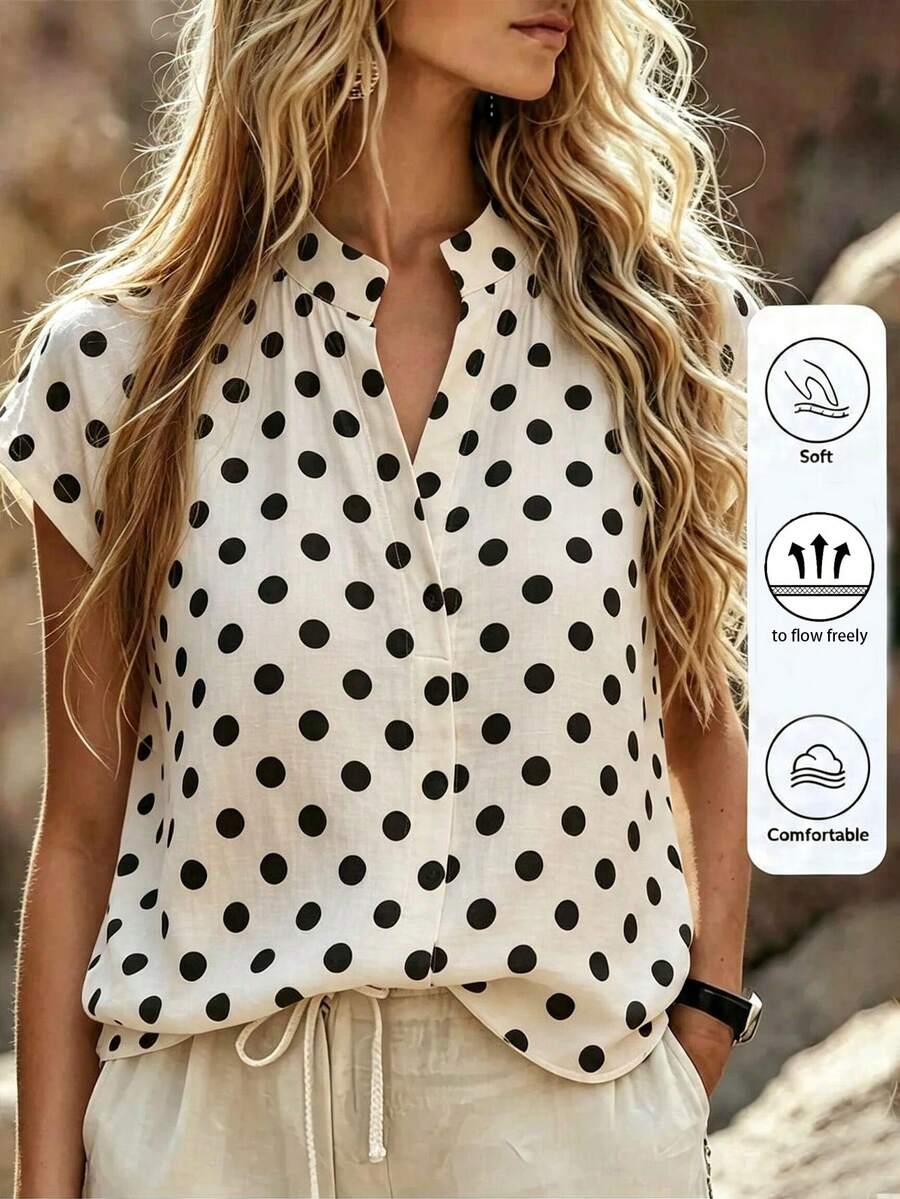 Linhara CURVE Plus Size Women's Vintage Polka Dot Print Stand Collar Sleeveless Loose Slimming Fashion Versatile Commute Daily Blouse - Multicolor - View 1
