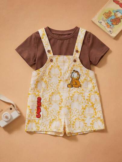 GARFIELD | SHEIN Baby Boy Cartoon Print Romper With Solid Color T-Shirt