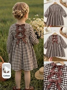 SHEIN LMoss Kids LMoss 女童可愛 90 年代格紋長袖洋裝，背面蝴蝶結裝飾，秋季服飾，棕色 - 彩色 - 查看 8