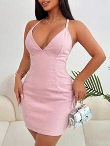 SHEIN SXY 女款深V領露背交叉設計性感掛脖牛仔洋裝 - 粉色 - 查看 4