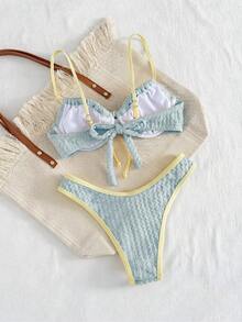 Swim Mod 新款女款 Coquette 可愛風夏季海灘度假風兩件式比基尼套裝，掛脖荷葉邊上衣配前綁帶設計，可調節肩帶，高衩性感三角褲，純黃波浪紋理面料，柔軟透氣輕盈快乾彈性材質，適合夏季度假、泳池派對、海灘假期、音樂節、母親節/婚禮假期、春假 - 藍色 - 查看 7