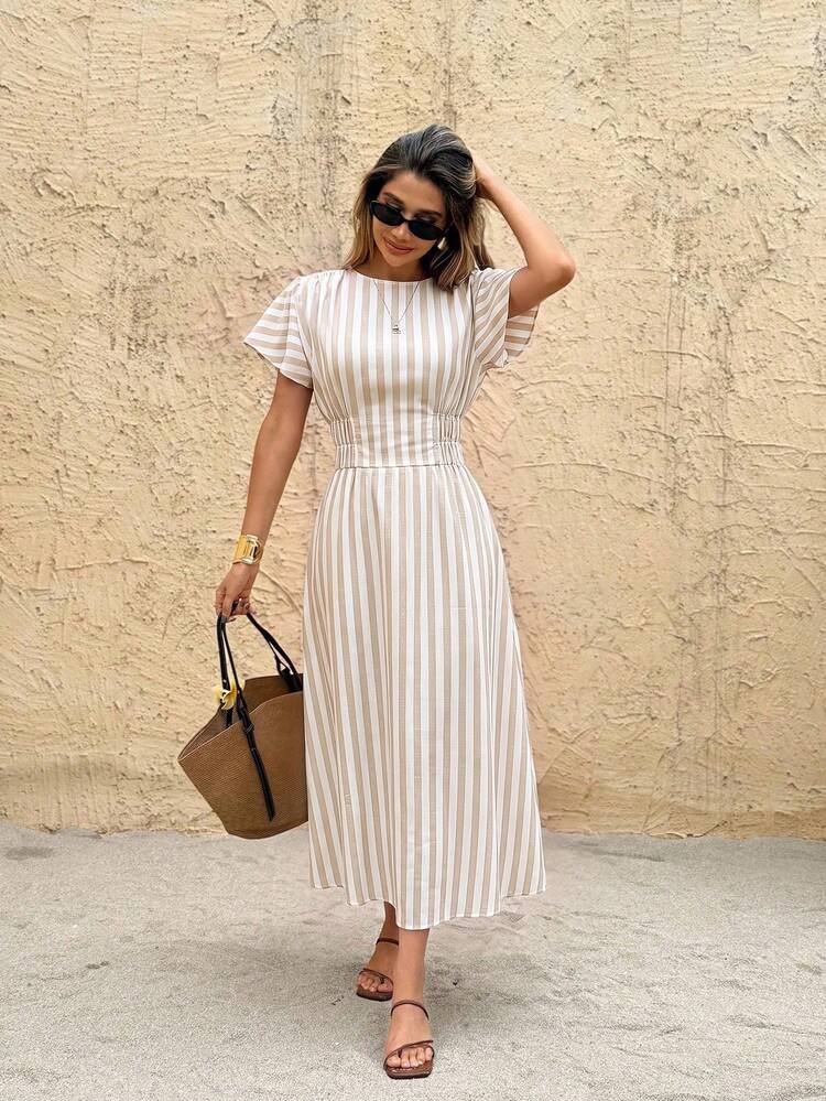 SHEIN Frenchy Women's Vacation Striped Round Neck Ruffle Short Sleeve Casual Midi Dress - Apricot - View 6
