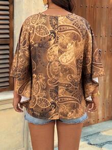 SHEIN VCAY Plus Size Boho Casual Formal V-Neck Tropical Floral Print Ruffled Sleeve Loose Blouse For Holiday, For Summer Vacation Brown - Multicolor - View 2