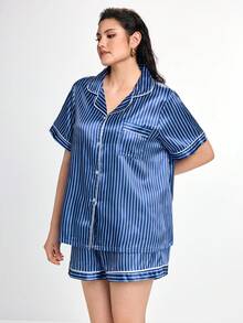 Slumbrini Set Pakaian Tidur Kardigan Berkerah Garis-Garis Sutra Imitasi, Ukuran Besar - Navy Blue - View 3