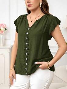 Reflora Plus Size Women's Textured Patchwork Ruffle Trim Lace Loose Short Sleeve Blouse, Spring/Summer - Army Green - View 6