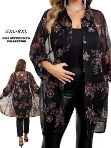 SHEIN CURVE+ 大尺碼優雅亮面黑金箔雪紡薄紗捲袖上衣，2026秋冬 22W - 黑色 - 查看 1