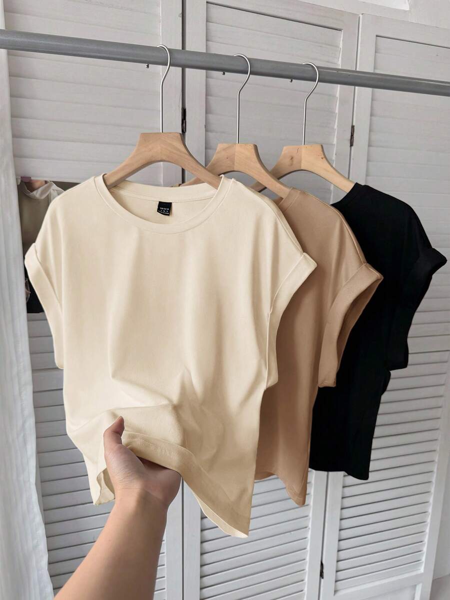 SHEIN LUNE 女款休閒極簡基礎純色短袖T恤3件組 時尚百搭上衣 乳白色 棕色 黑色 夏季日常居家穿搭 - 卡其色 - 查看 1