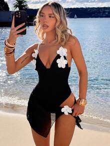 Bellisia Women's 3D Floral Decor Spaghetti Strap One-Piece Swimsuit And Skirt Set, Suitable For Beach Vacation, Pool Party, Beach Party Black Summer Tropical - Black - View 1