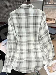 INAWLY 女士春夏格子轻薄宽松休闲透视衬衫，防紫外线衬衫，适合返校 - 黑色 - 查看 2