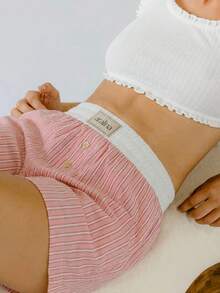 Aralina 條紋對比腰部鈕扣休閒居家短褲 - 西瓜粉 - 查看 6