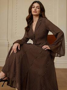 BELROSIE Stunning Coffee-Colored Elegant Lapel Collar Single-Breasted Cinched Waist Insert Long Sleeve Flared Shirt Dress For Women - Coffee - View 1