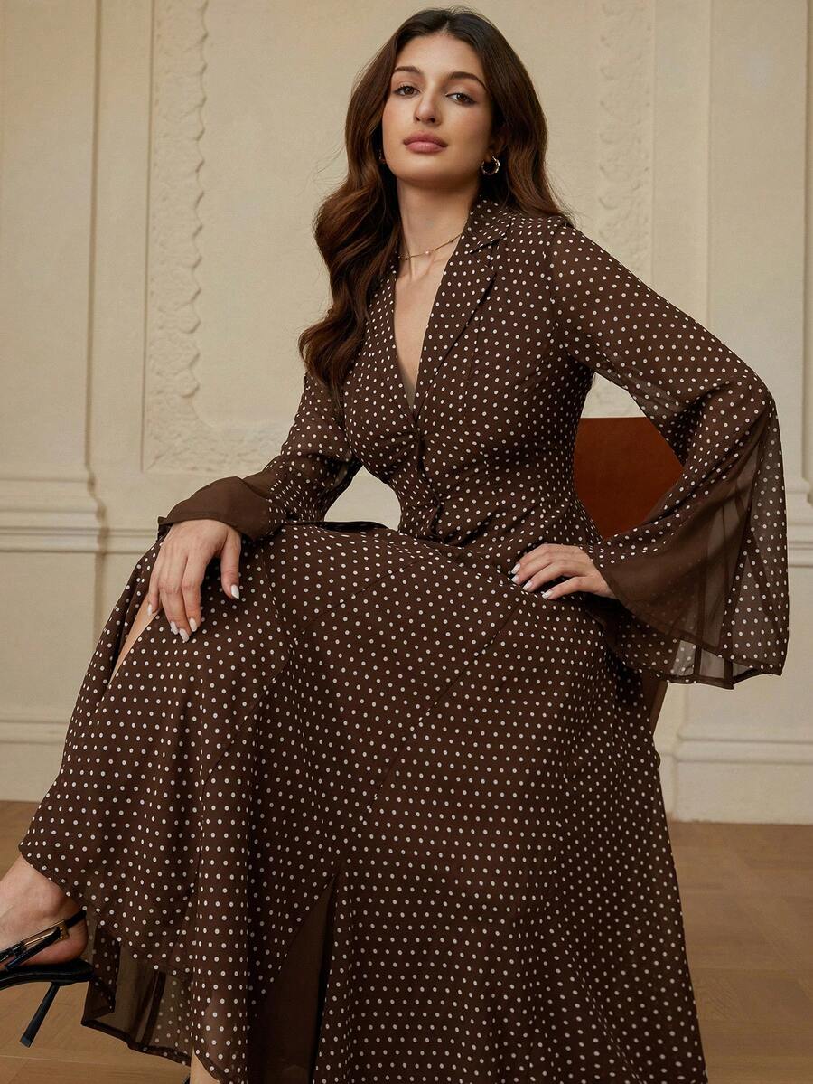 BELROSIE Stunning Coffee-Colored Elegant Lapel Collar Single-Breasted Cinched Waist Insert Long Sleeve Flared Shirt Dress For Women - Coffee - View 1