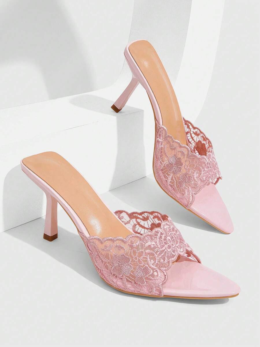CUCCOO SZL 女款刺繡蕾絲尖頭細高跟涼鞋 夏季鞋 - 粉色 - 查看 1
