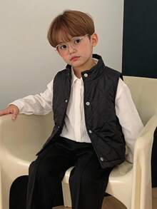 DAZY Áo khoác phao lớp trong tối giản màu đen họa tiết kẻ caro không tay cho bé trai trẻ trung mùa thu - màu đen - Xem 6