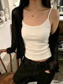 INAWLY 薄荷绿精致镂空针织罩衫，轻薄透气，夏季防晒宽松长袖上衣 - 黑色 - 查看 5