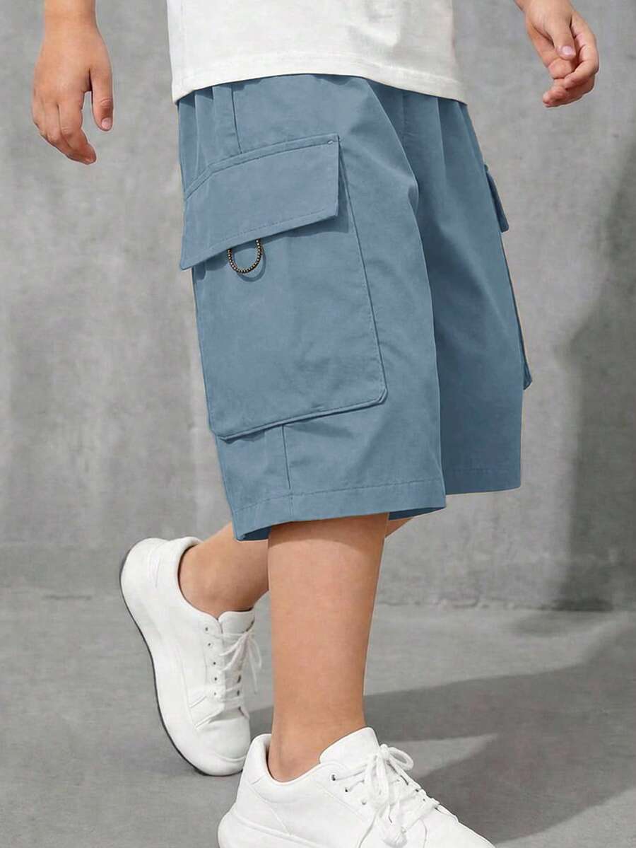 SHEIN 青少年男孩夏季休閒純色工裝短褲 - 藍色 - 查看 1