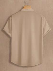 HIMLAND 男士梭織休閒純色短袖襯衫 - 卡其色 - 查看 2