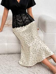 Modelyn Vintage Elegant Polka Dot Satin Skirt With Lace Waist Design, Soft Elegant Commuter Style - Apricot - View 7