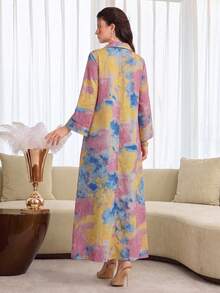 Yasmyna 領口前開扣棉質印花多色長版襯衫，適合秋季度假 - 彩色 - 查看 5