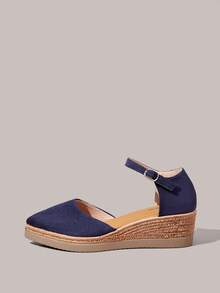 Styleloop Bohemian Straw Hemp Rope Wedge Heel Pointed Toe Sandals Retro Platform Button High Heel Roman Women's Sandals Summer - dark blue - View 3
