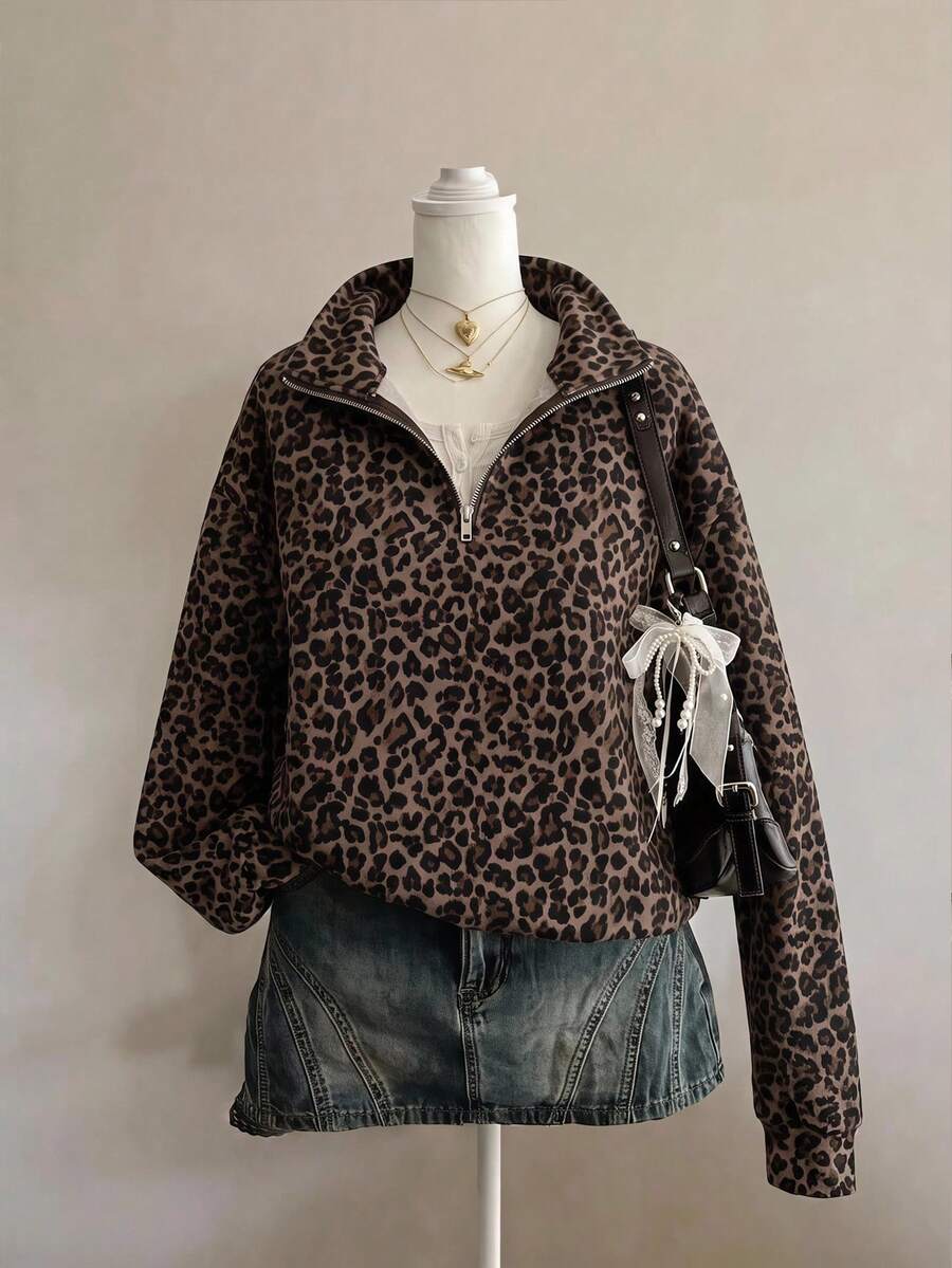 SHEIN EZwear 經典豹紋半拉鍊女款運動衫,棕色調,秋季休閒街頭風,適合多種場合,Y2K復古風,返校季秋冬上衣 - 彩色 - 查看 1