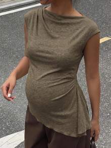 MaterniWear Maternity Solid Color Cap Sleeve Ruched Asymmetrical Hem Casual T-Shirt Summer - Brown - View 2