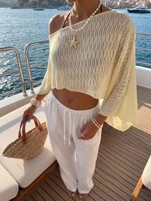 Sunnyshic Women's Summer Casual Tropical Fashion Versatile Textured Knit Cover Up Top Beach Vacation Cream - Light Yellow - View 1