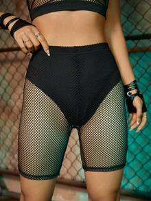 SHEIN ICON Rave Solid Fishnet Insert Cycling Shorts - Black - View 5