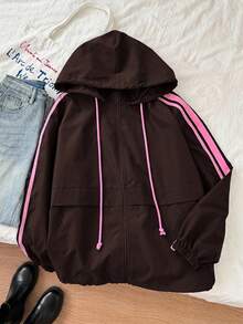 SHEIN EZwear Jaket Berkerudung Bergaris Kontras Cokelat Ukuran Besar untuk Musim Gugur - Chocolate Brown - View 3