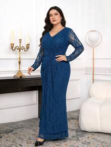 Modelyn Plus Size Elegant Party Solid Color Lace Dress - Blue - View 6