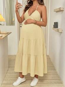 Cheriluna Maternity Vestido de maternidad cómodo con cuello halter, espalda descubierta y volantes en el bajo - Amarillo - Ver 8