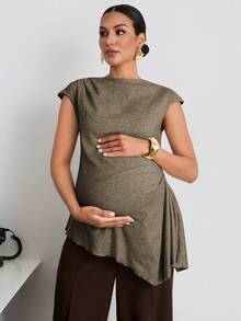 MaterniWear Maternity Solid Color Cap Sleeve Ruched Asymmetrical Hem Casual T-Shirt Summer - Brown - View 1