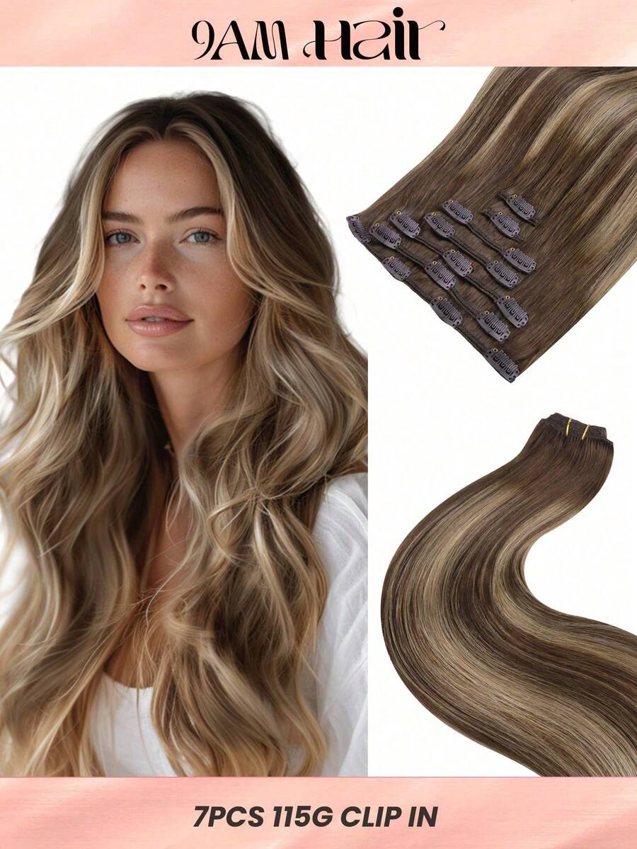 7PCS Straight Clip In Hair Extensions 100% Real Human Hair 14-24 Inch 115G Double Weft Invisible Clip Hair Extensions Remy Natural Human Hair For Women Girls Daily Use - S4/26/4 - View 1