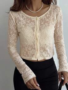 DAZY Women's Summer Round Neck Long Sleeve Fitted Lace Textured Sheer Open Front Casual T-Shirt Cute Tops - Apricot - View 7