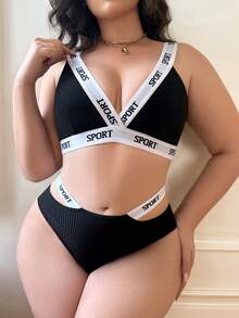 SHEIN 大尺碼女款字母印花拼色內衣與三角內褲內衣套裝 - 黑色 - 查看 1