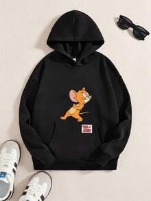 TOM & JERRY X SHEIN 男士休闲卡通字母印花落肩袋鼠口袋宽松连帽卫衣，黑色，春秋季，长袖上衣 - 黑色 - 查看 1