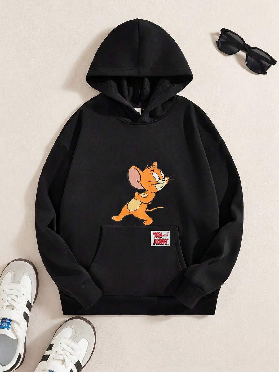 TOM & JERRY X SHEIN 男士休闲卡通字母印花落肩袋鼠口袋宽松连帽卫衣,黑色,春秋季,长袖上衣 - 黑色 - 查看 1